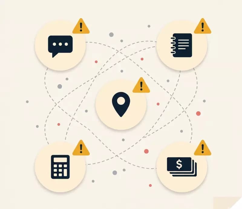 Cinco iconos dispersos — chat, libreta, mapa, calculadora y billetes — conectados por líneas punteadas tangled, cada uno con una marca de alerta ámbar.