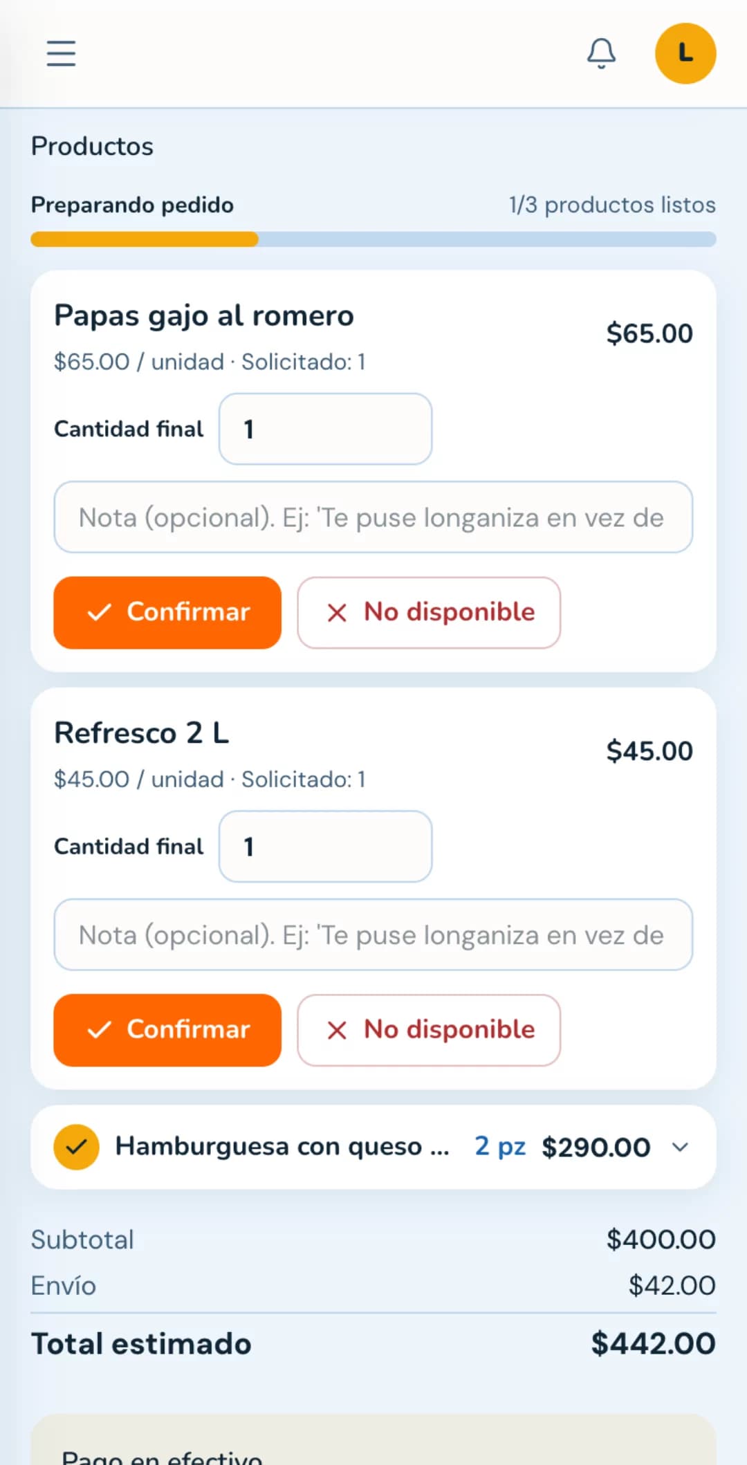 Comanda del operador en Hamburguesas La Esquina: 2× Hamburguesa con queso doble carne con chips ámbar de modificadores Sin cebolla y Sin jitomate, 1× Papas gajo al romero, 1× Refresco 2 L. Checklist marcable conforme se prepara cada platillo.