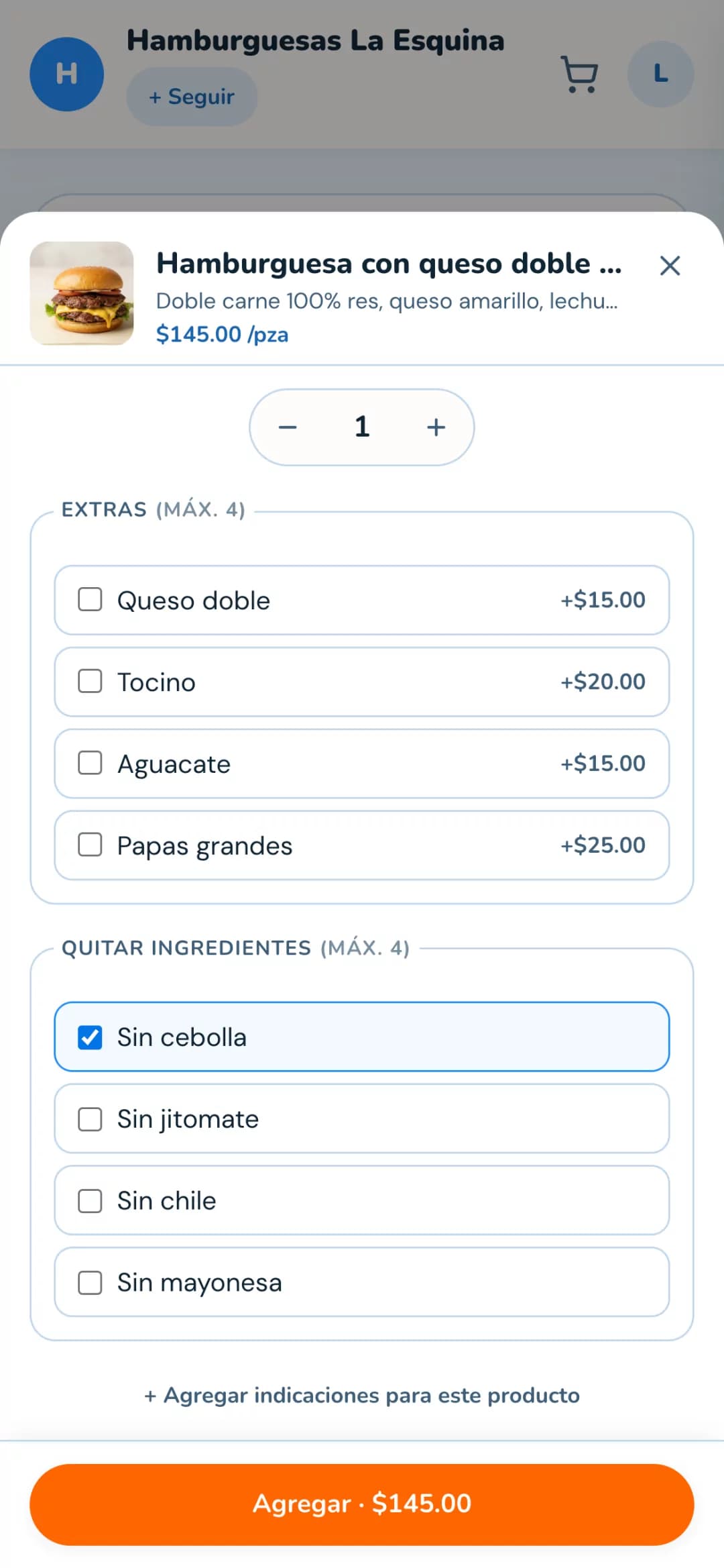 Storefront: bottom sheet de Hamburguesa con queso doble carne con grupos Extras (Queso doble +$15, Tocino +$20, Aguacate +$15, Papas grandes +$25) y Quitar ingredientes (Sin cebolla, Sin jitomate, Sin chile, Sin mayonesa) en switches multi-selección.