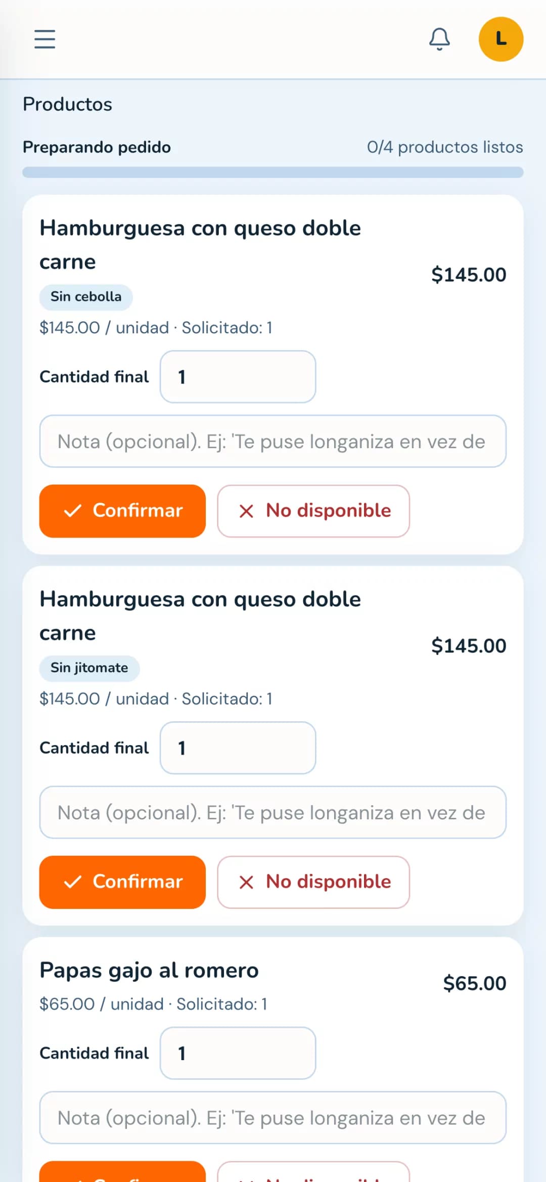 Comanda del operador: línea de Hamburguesa con queso doble carne con chips ámbar de los extras seleccionados y chips neutros de los ingredientes eliminados, precio recalculado en vivo.