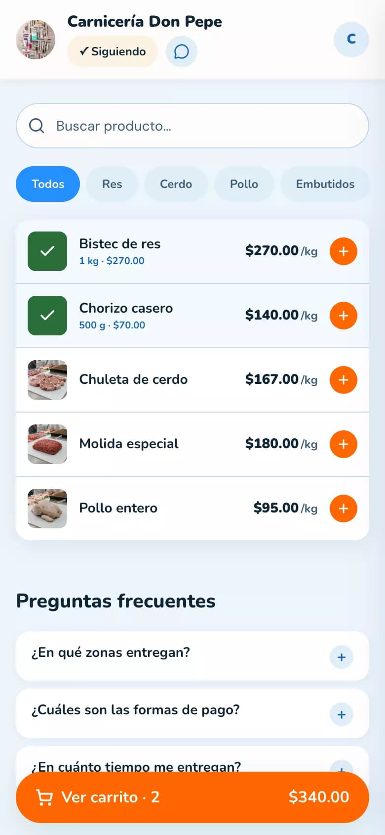 Storefront de Carnicería Don Pepe en móvil: catálogo con productos (Bistec de res, Chorizo casero, Chuleta de cerdo, Molida especial, Pollo entero) precios por kg, chips de categoría, dos productos con check verde indicando en carrito, sticky CTA naranja 'Ver carrito · 2 $340.00'.